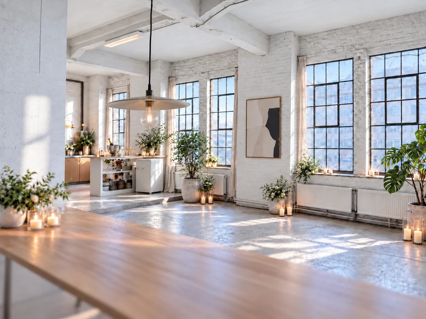 Modernes Loft mit Bühne mit weißer Plattform, Mikrofonen, Gitarre und Industrialdesign in Berlin.