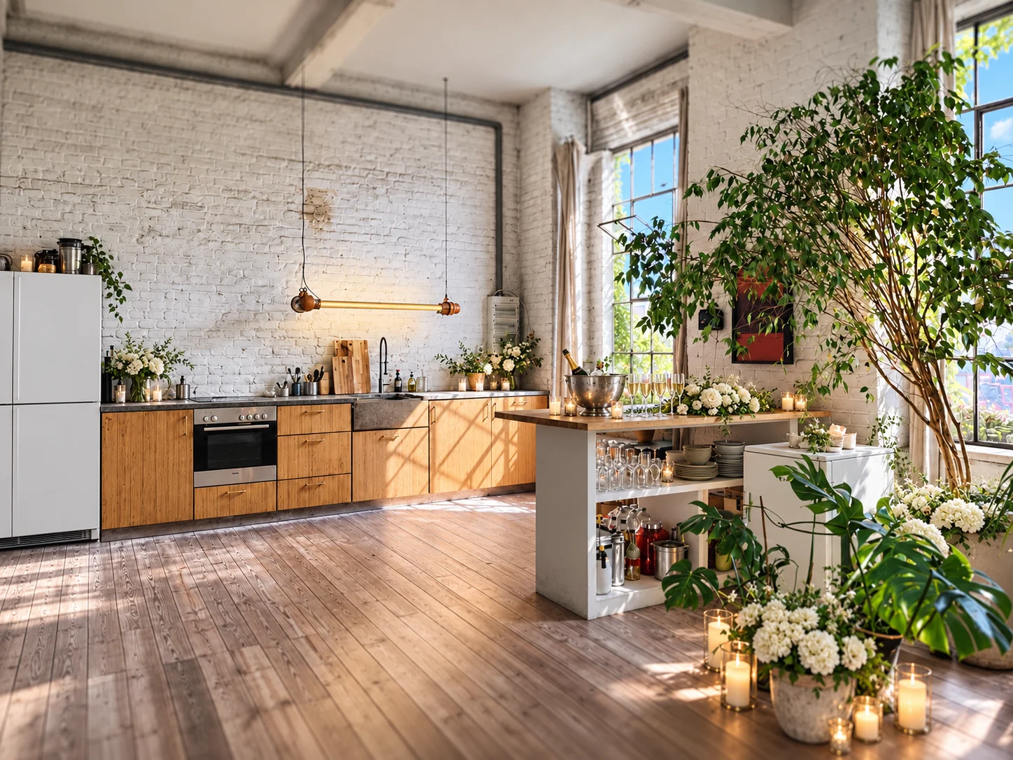 Modernes Loft mit Bühne mit weißer Plattform, Mikrofonen, Gitarre und Industrialdesign in Berlin.